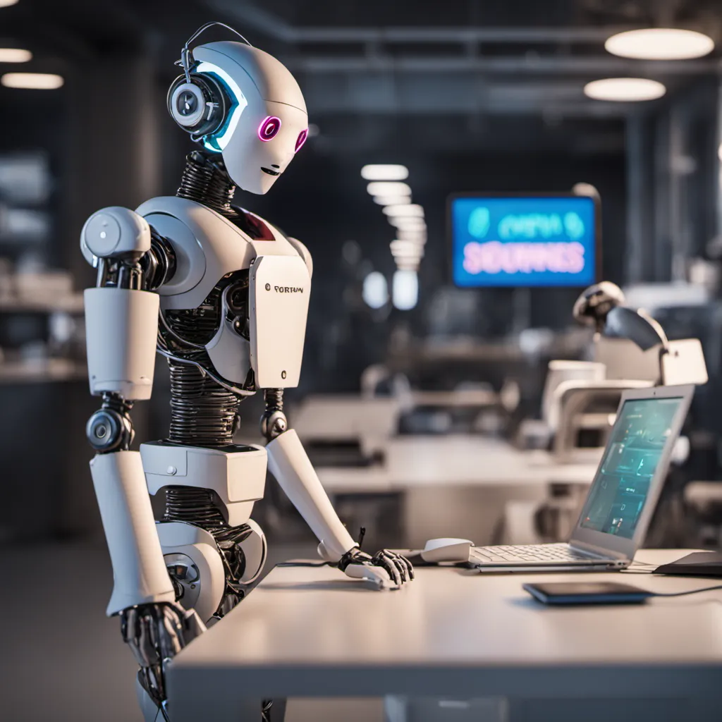 A header for a medium article showing a robot working on a laptop in an office with the word 'open' blurred in the background.